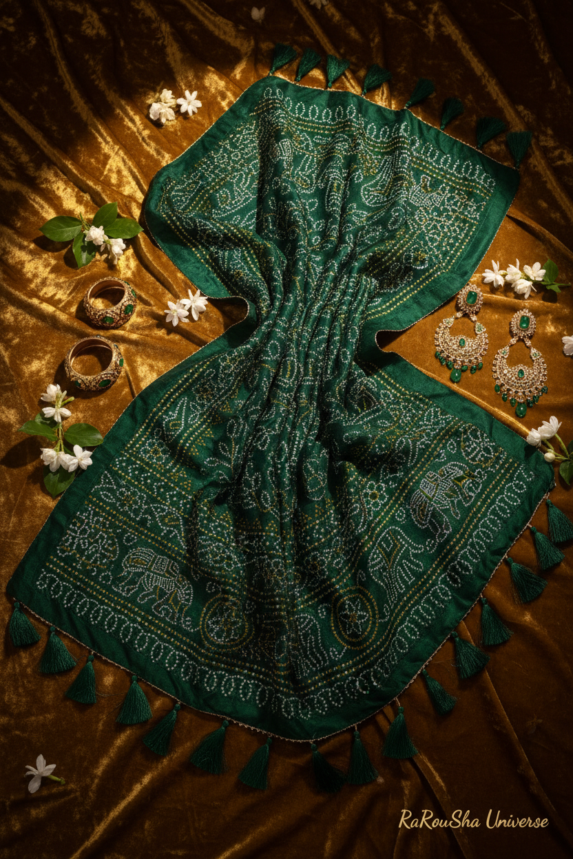 Luxe donkergroene bandhani dupatta flat lay champagne velvet RaRouSha