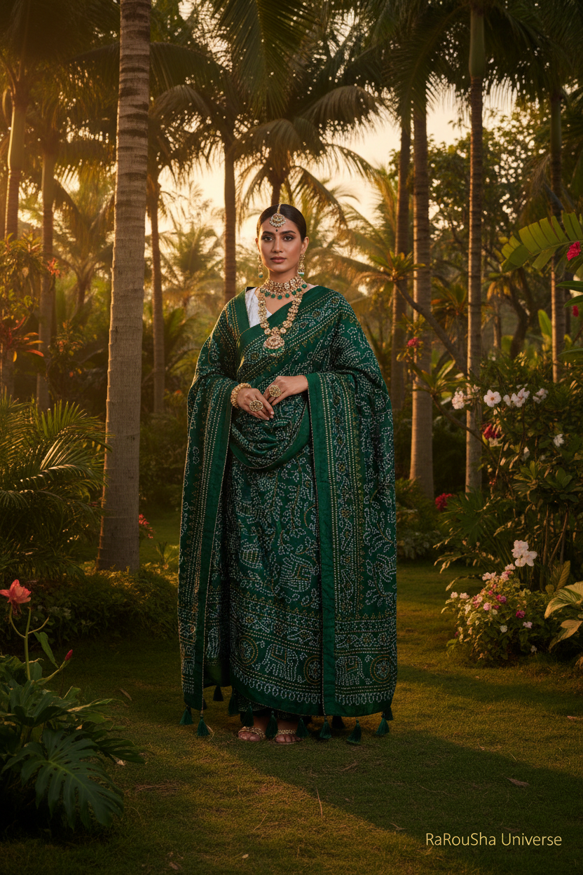 Luxe donkergroene bandhani dupatta tropische tuin editorial RaRouSha