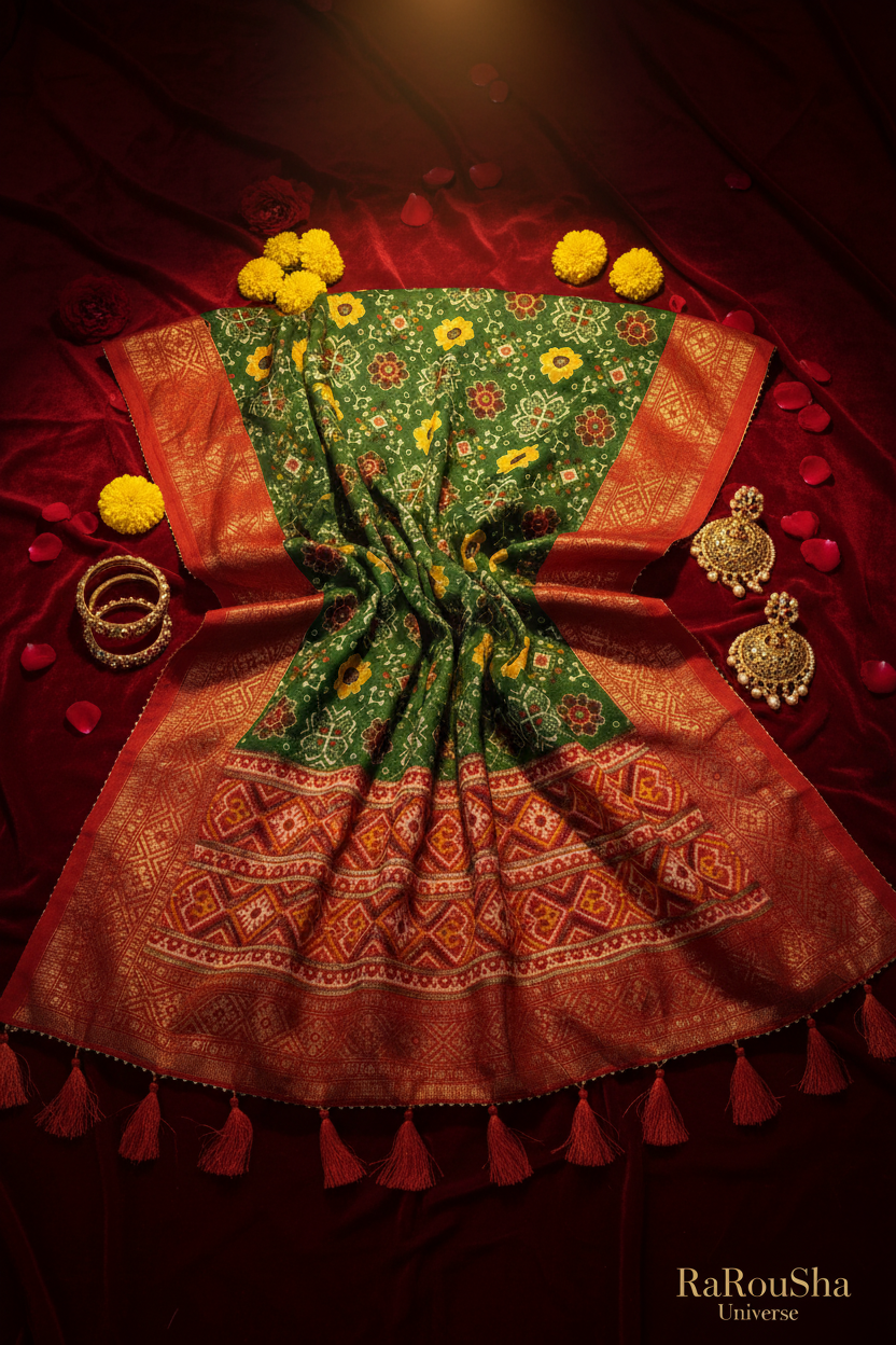 Luxe donkergroene patola bloemen dupatta flat lay rood velvet RaRouSha