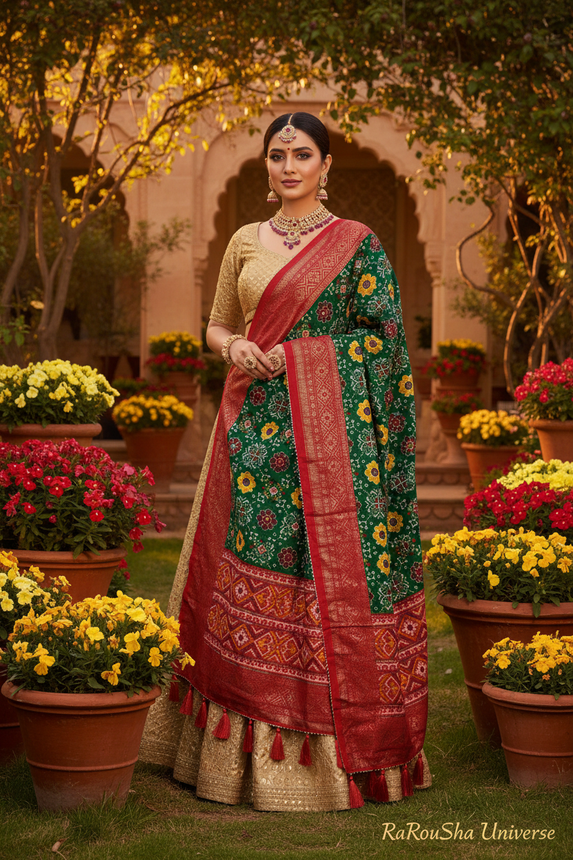 Luxe donkergroene patola bloemen dupatta tuin binnenplaats editorial RaRouSha