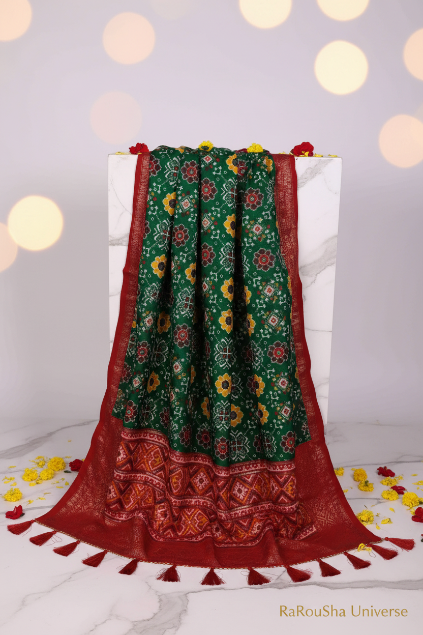 Luxe donkergroene patola bloemen dupatta wit marmer editorial RaRouSha
