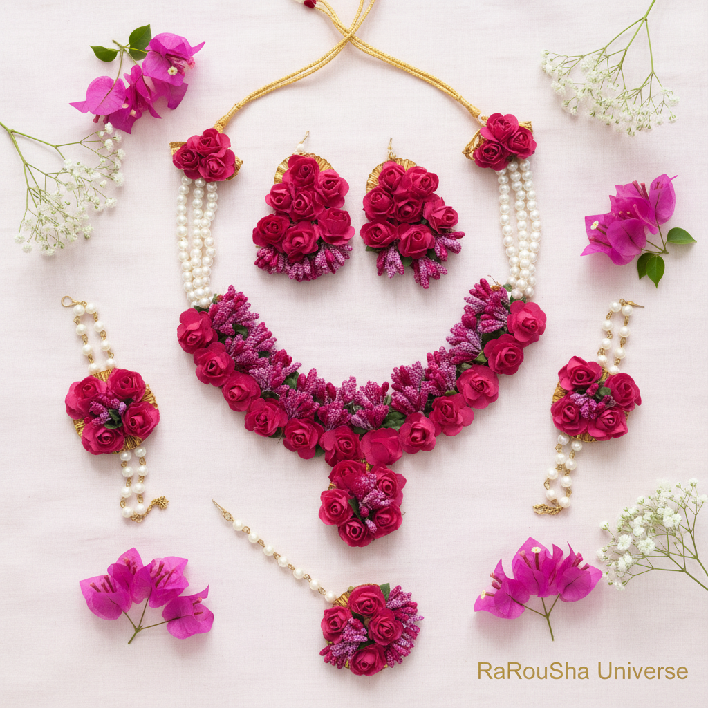 Luxe fuchsia bloemen bruidset flat lay bougainvillea RaRouSha