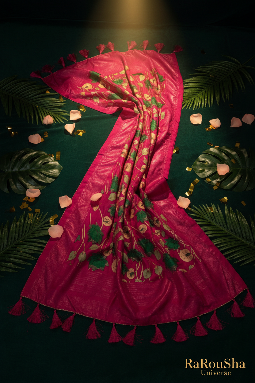Luxe fuchsia botanische dupatta flat lay emerald velvet RaRouSha