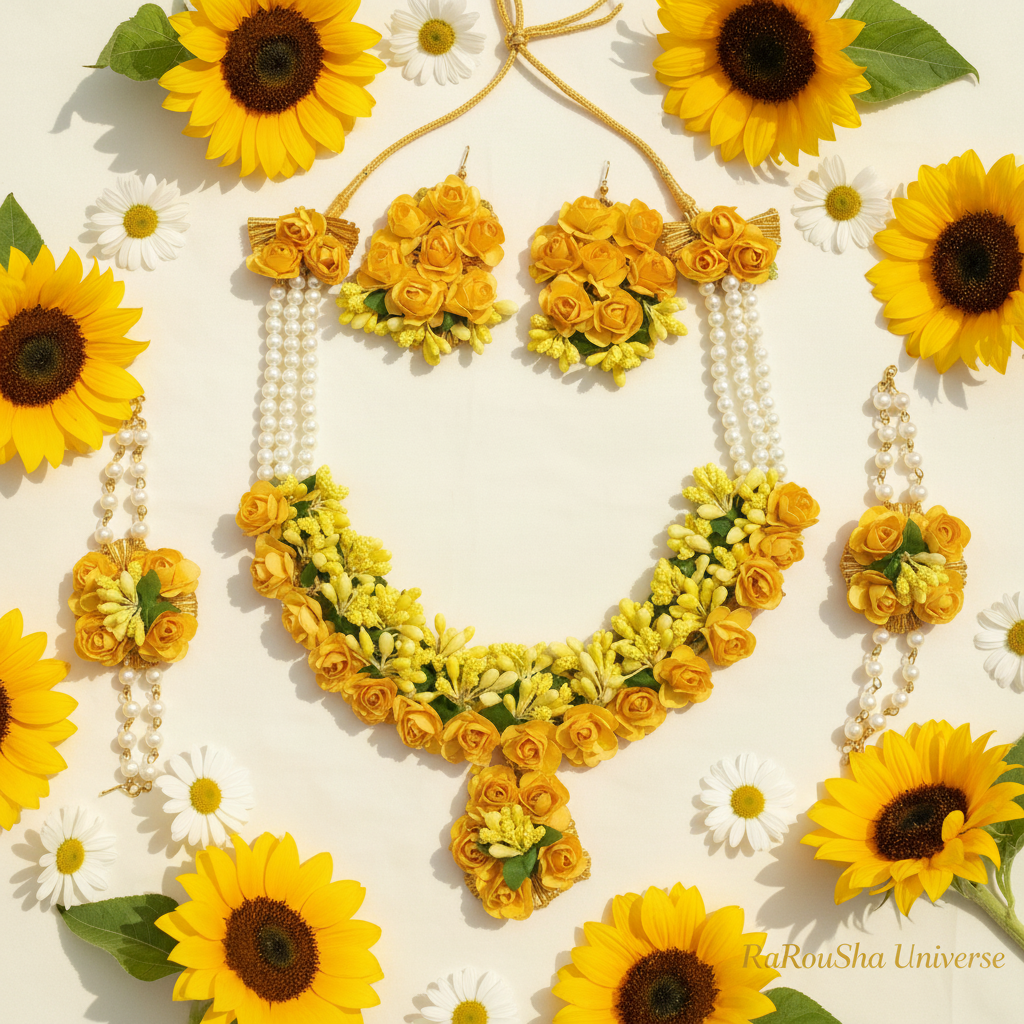 Luxe gele bloemen bruidset flat lay zonnebloemen RaRouSha