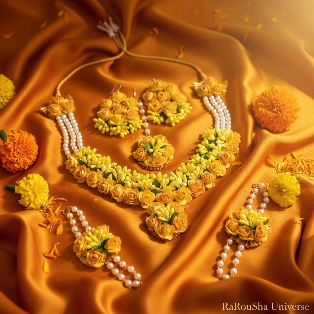 Luxe gele bloemen bruidset saffraan zijde haldi RaRouSha