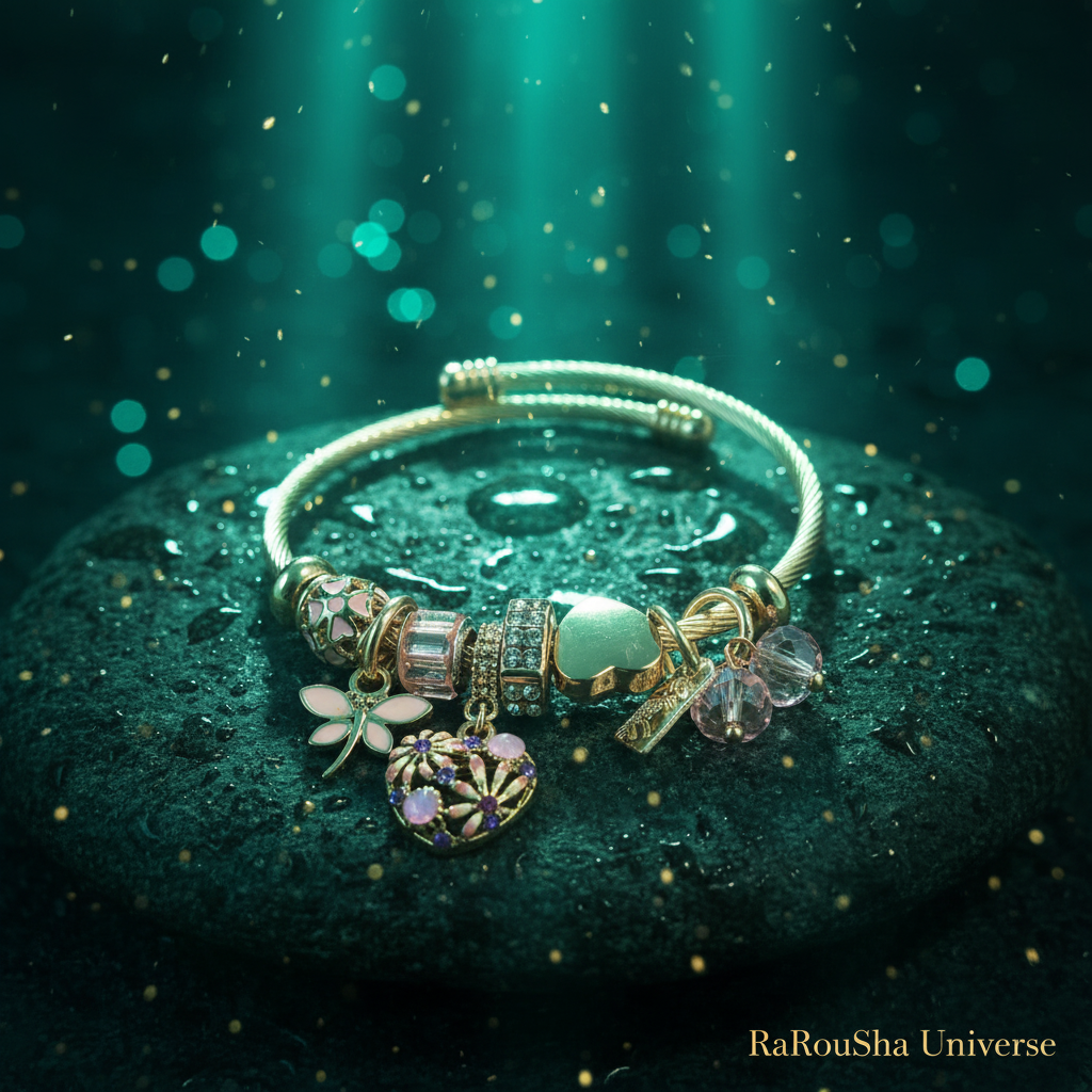 Luxe gouden charm bangle zeegroen mysterieus RaRouSha