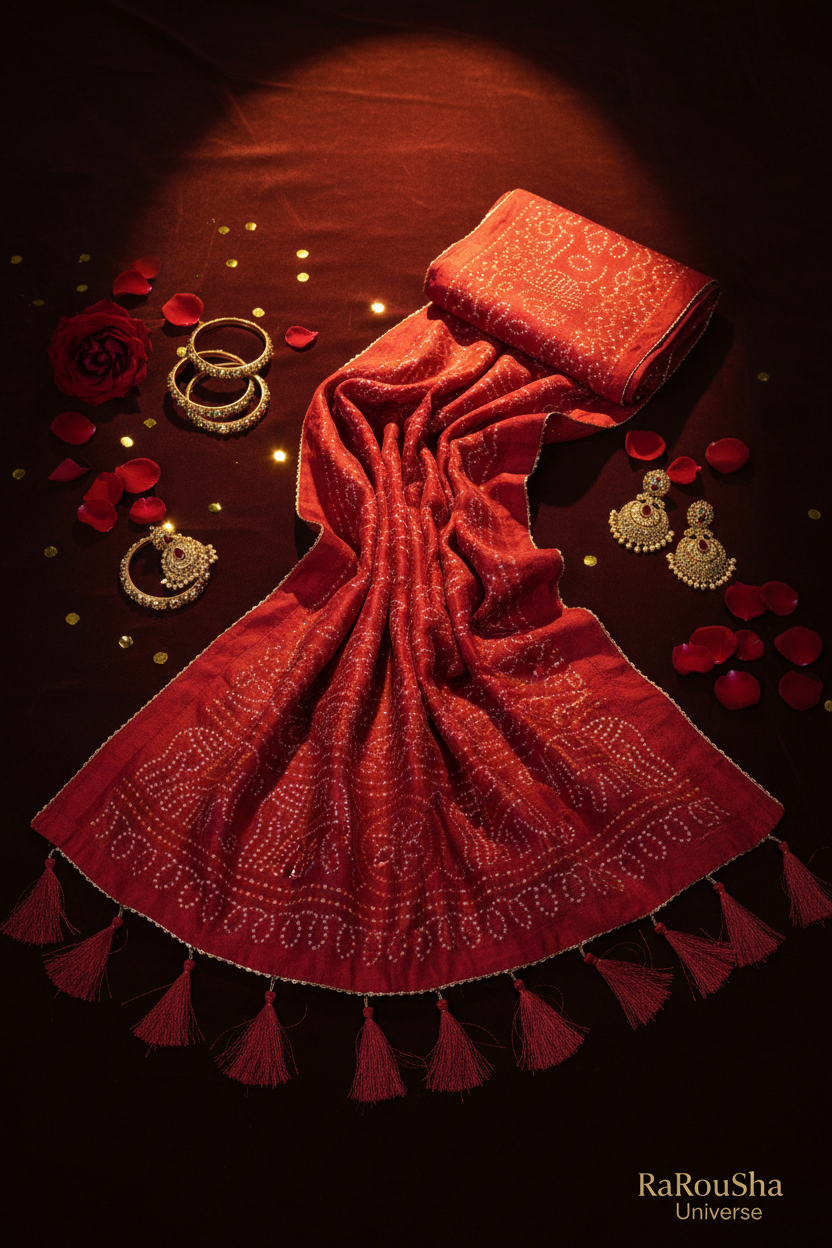 Luxe karmijnrode bandhani dupatta flat lay bordeaux velvet RaRouSha