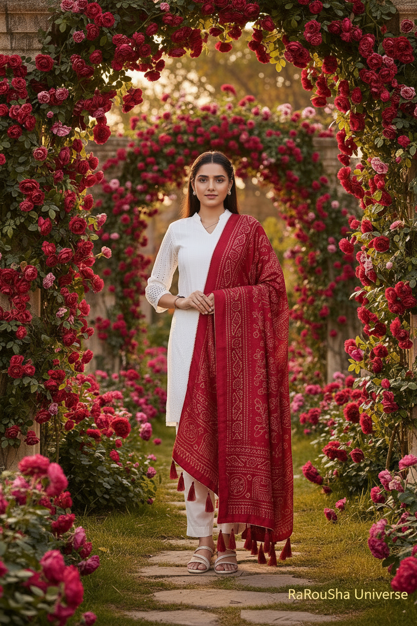 Luxe karmijnrode bandhani dupatta rozentuin close-up editorial RaRouSha
