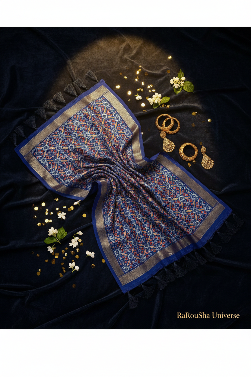 Luxe kobaltblauwe patola dupatta flat lay velvet RaRouSha