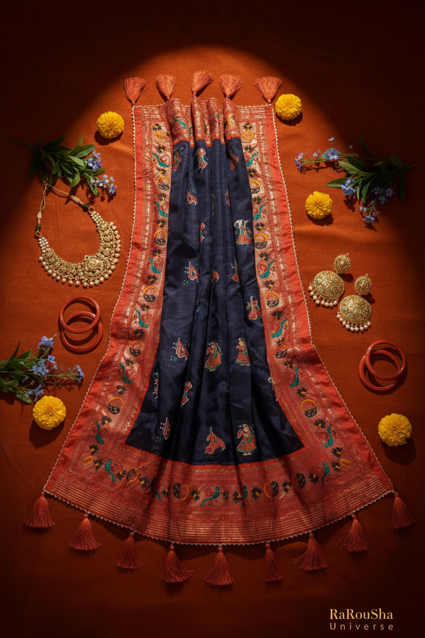 Luxe marineblauw pichwai folk dupatta flat lay terracotta velvet RaRouSha