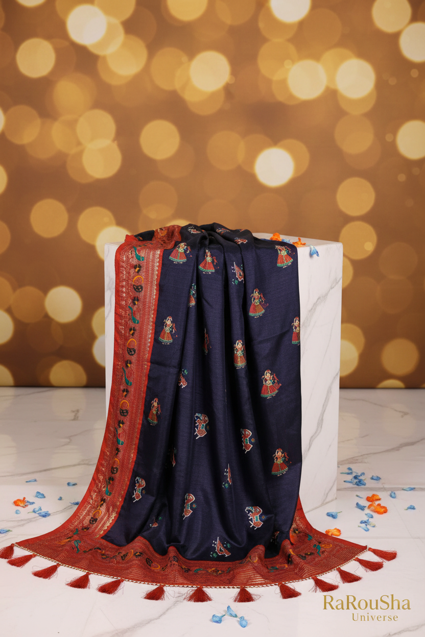 Luxe marineblauw pichwai folk dupatta wit marmer editorial RaRouSha