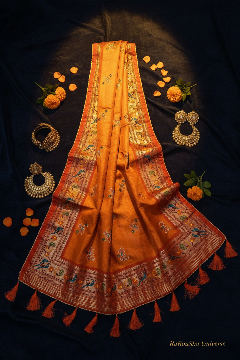 Luxe oranje pichwai dupatta flat lay navy velvet RaRouSha