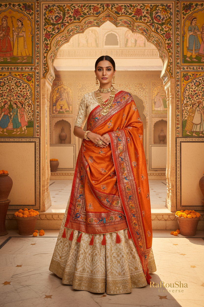Luxe oranje pichwai dupatta Rajasthani haveli editorial RaRouSha