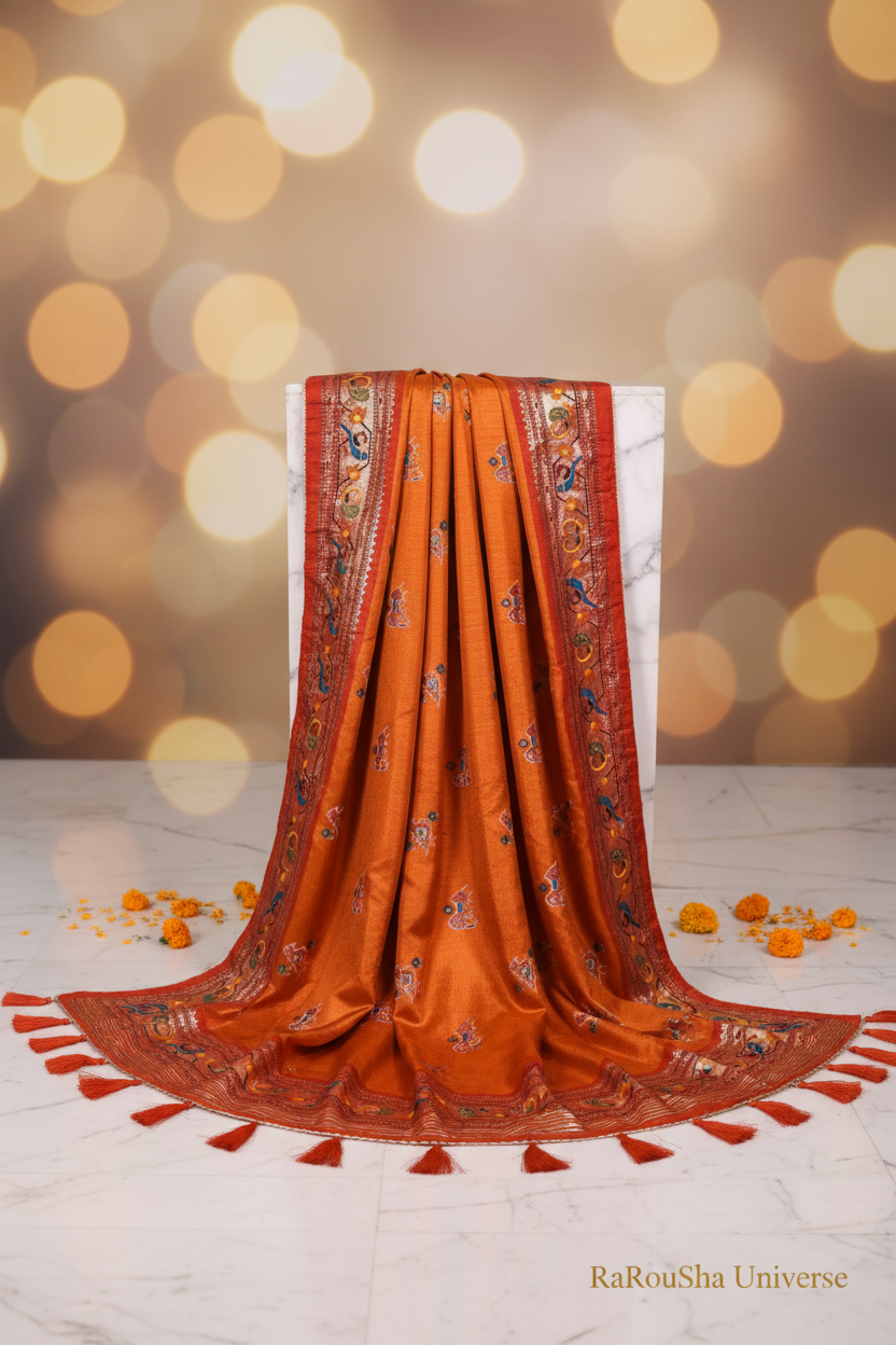 Luxe oranje pichwai dupatta wit marmer editorial RaRouSha