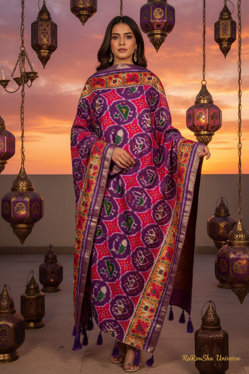 Luxe paars fuchsia ikat dupatta rooftop close-up editorial RaRouSha
