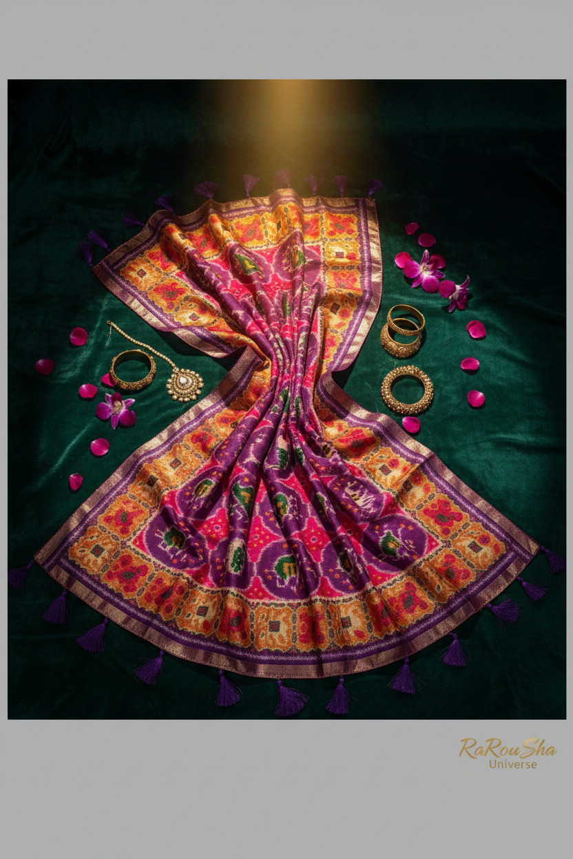 Luxe paarse fuchsia ikat medaillon dupatta flat lay emerald velvet RaRouSha