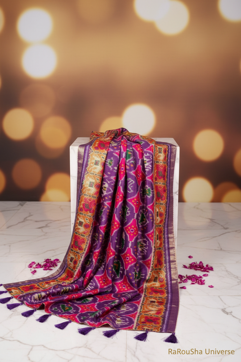 Luxe paarse fuchsia ikat medaillon dupatta wit marmer editorial RaRouSha