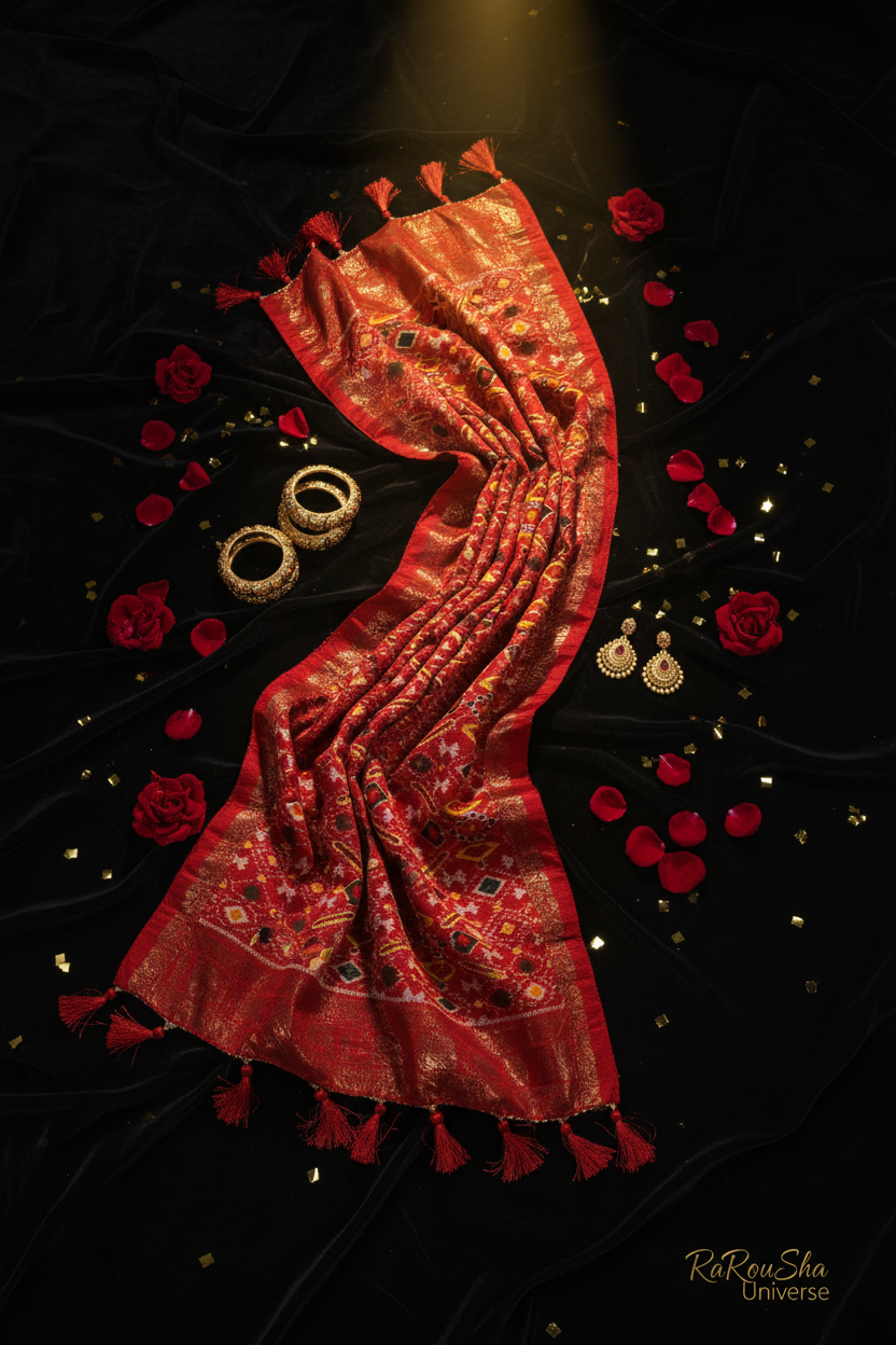 Luxe rode patola dupatta flat lay zwart velvet RaRouSha