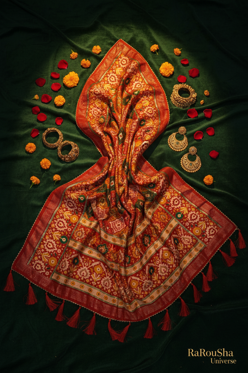 Luxe rode ruitprint ikat dupatta flat lay forest green velvet RaRouSha