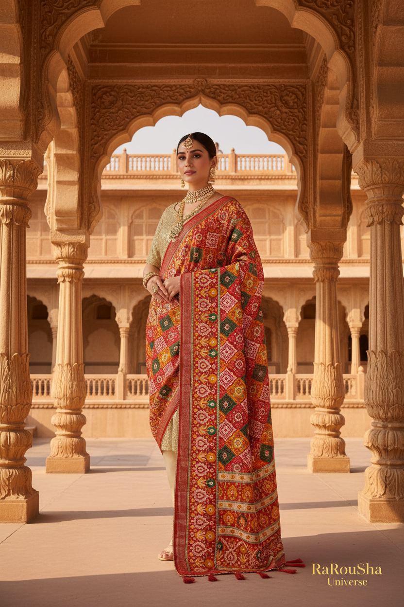 Luxe rode ruitprint ikat dupatta Rajasthani paleis editorial RaRouSha