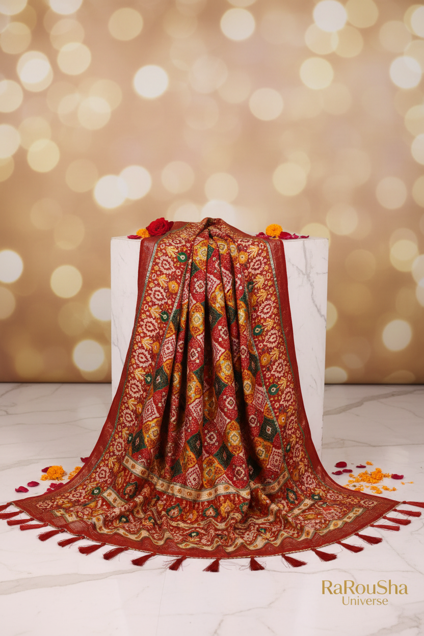 Luxe rode ruitprint ikat dupatta wit marmer editorial RaRouSha