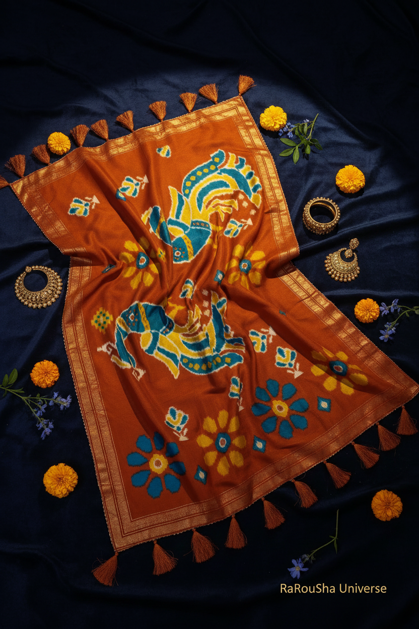 Luxe roestbruine ikat olifant dupatta flat lay navy velvet RaRouSha
