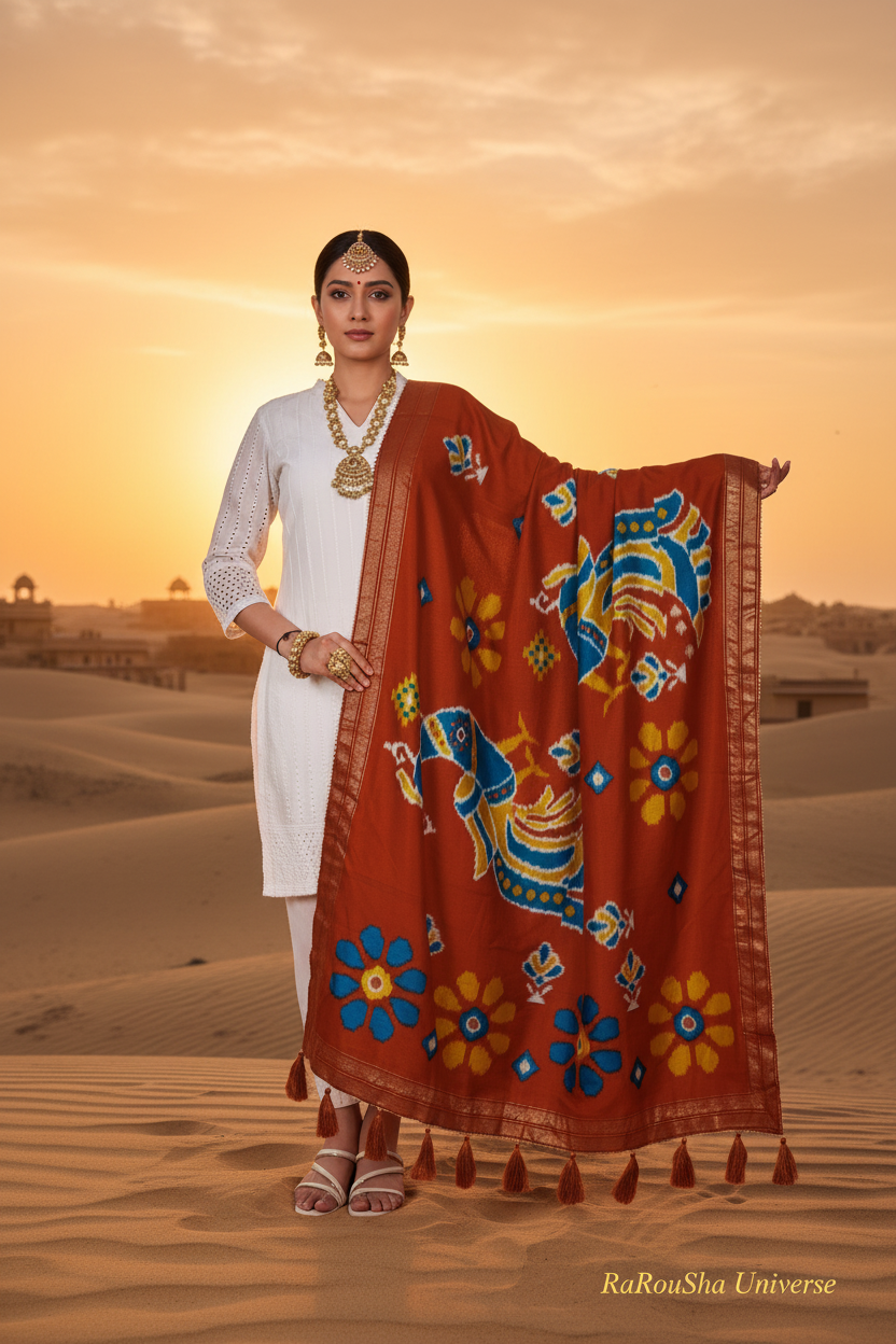 Luxe roestbruine ikat olifant dupatta Rajasthani woestijn zonsondergang RaRouSha