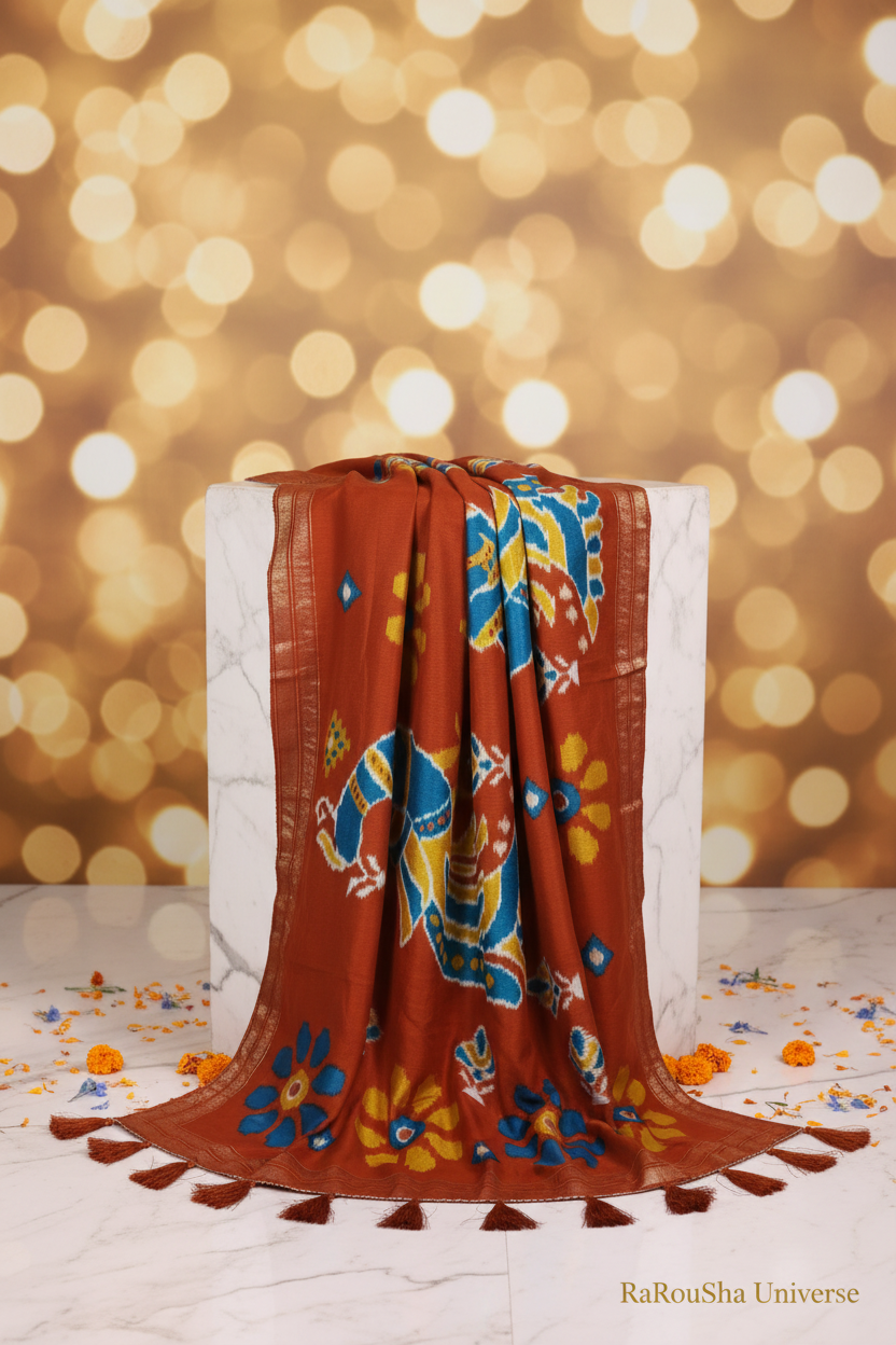 Luxe roestbruine ikat olifant dupatta wit marmer editorial RaRouSha