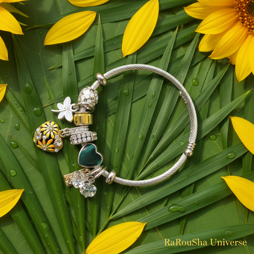 Luxe zilveren bangle flat lay zonnebloem bladeren RaRouSha