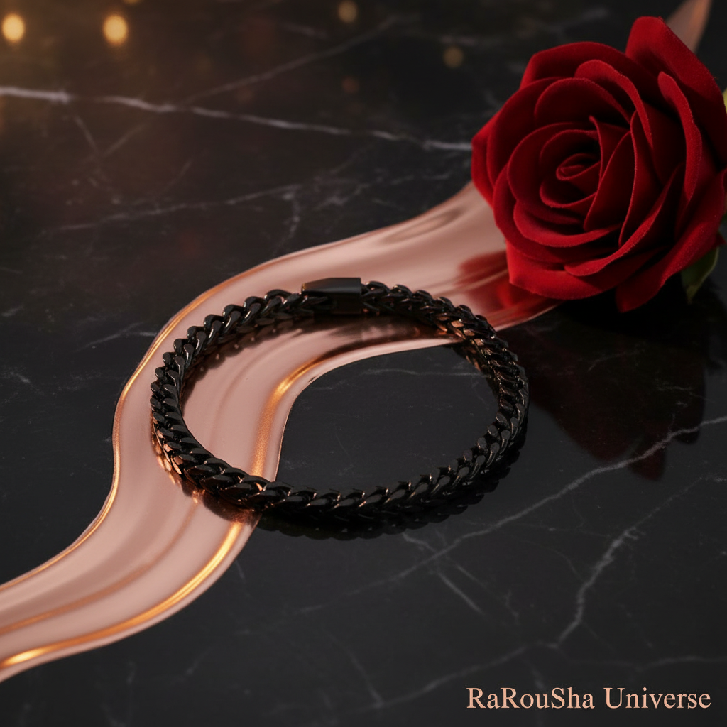 Luxe zwarte platte curb armband marmer rose-goud roos