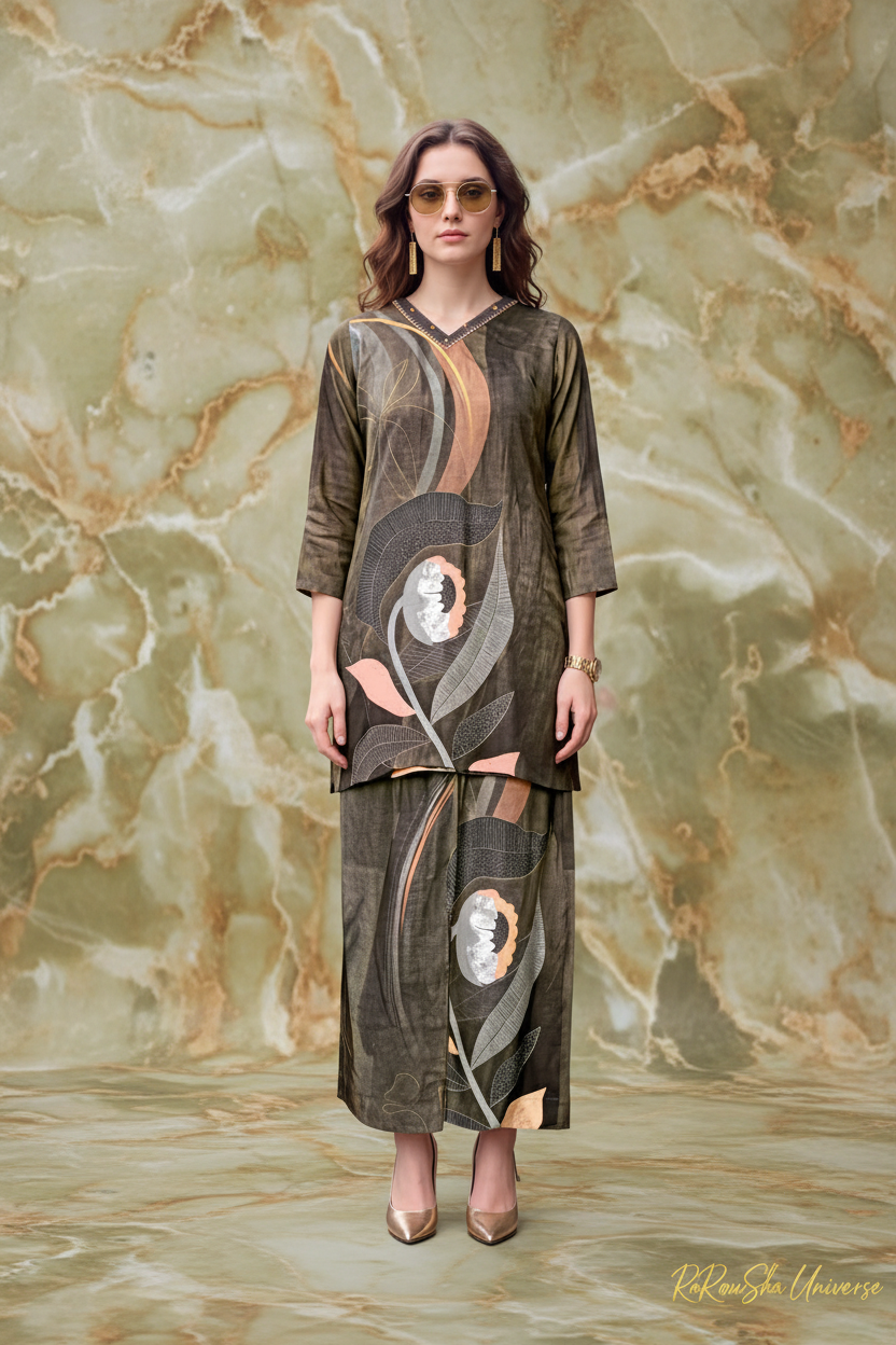 Olive Green Abstract Co-ord Set