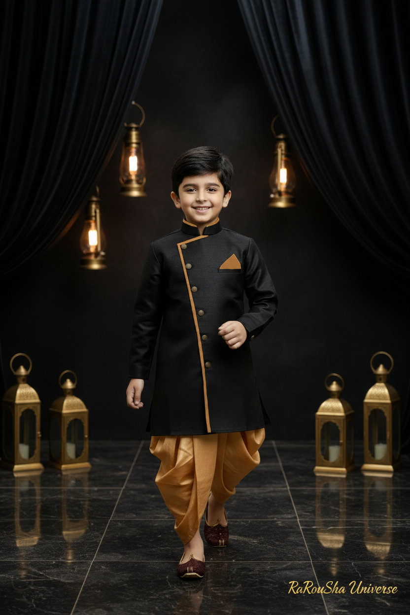 Raja Boys Sherwani Zwart Goud - Foto 1