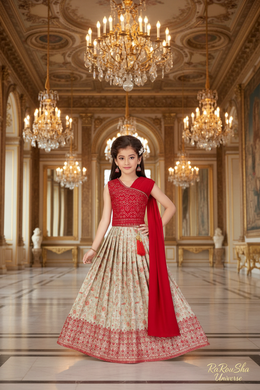 Rood Crème Lehenga - Paleis