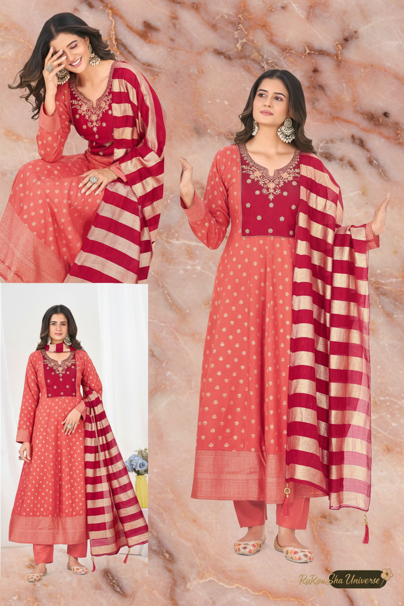 Salmon Red Anarkali Set - marmer