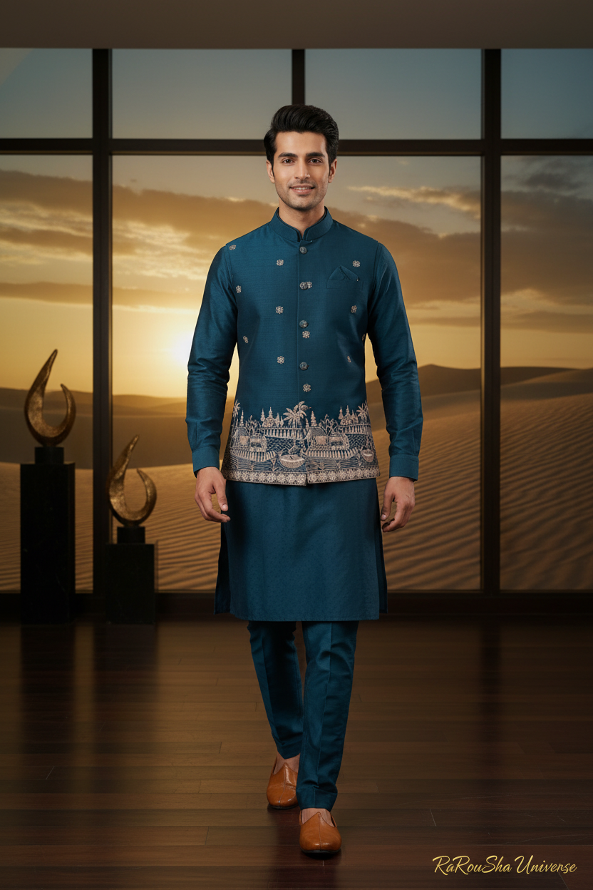 Teal Blue Kurta Pajama met Koti